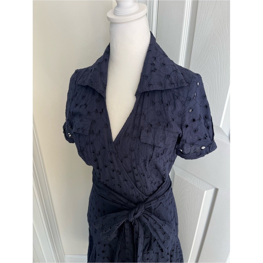 Vintage Diane Von Furstenberg DVF Taffy Navy Blue Eyelet Lace Midi Wrap Dress 6 - Picture 4 of 6